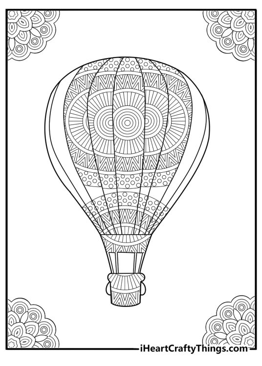 Hot air balloon with tribal patterns mandala style coloring page for adults