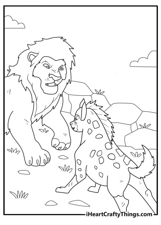 Hyena and lion facing each other savanna scene coloring page