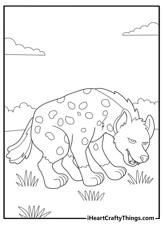 Hyena crouching low in hunting pose coloring sheet