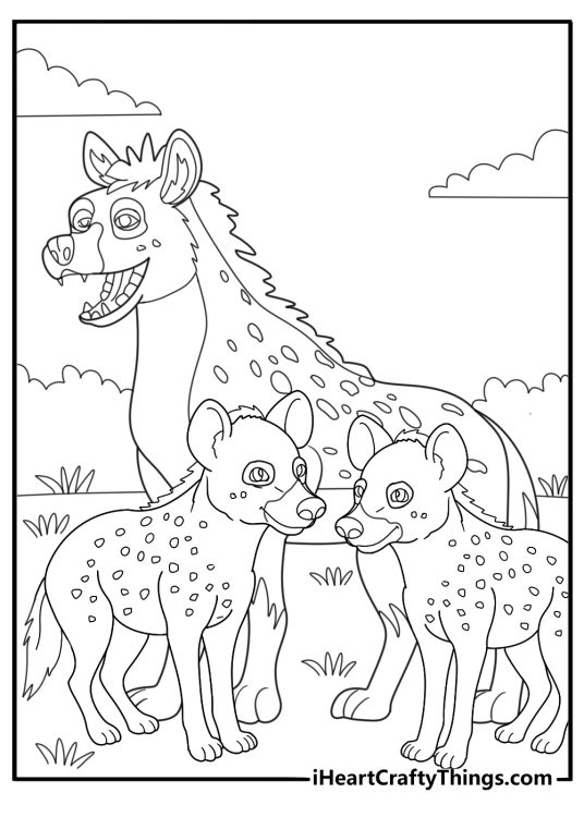 Hyena family together in the grassland coloring sheet for kids