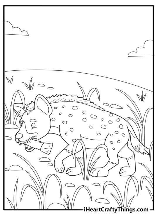 Hyena hunting in tall grass coloring sheet for kids