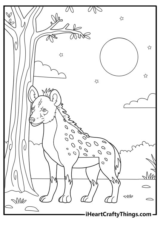 Hyena in a night scene under the moon detailed coloring page