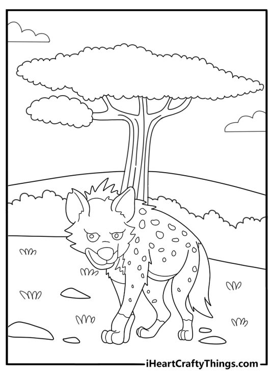 Hyena next to a large acacia tree easy coloring page