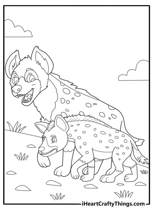 Hyena pup walking beside adult coloring page