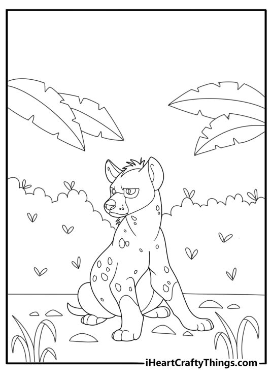 Hyena resting in the shade of a bush coloring sheet