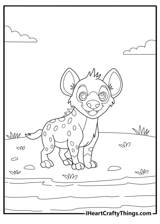 Hyena standing in shallow water nature scene coloring page