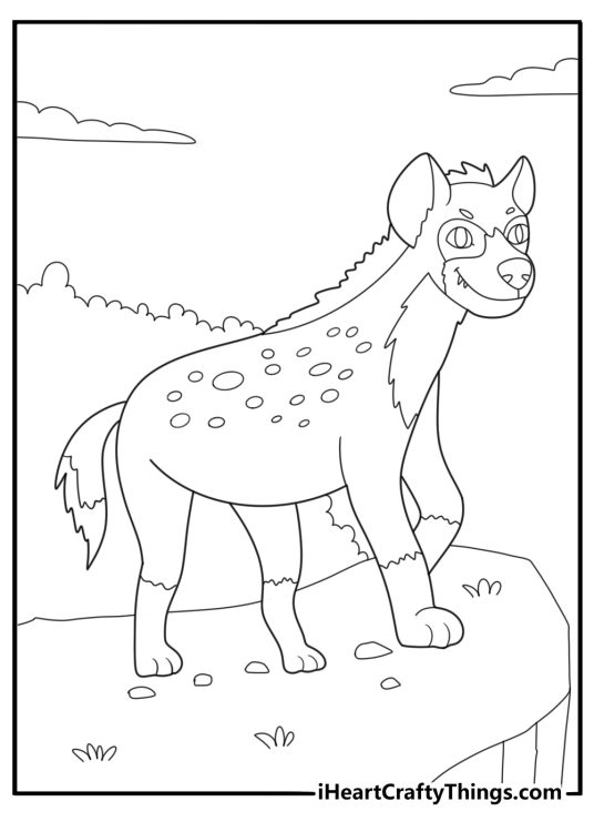 Hyena standing on a hilltop savanna view coloring page