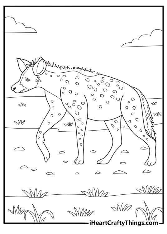Hyena walking along a dirt path easy coloring page