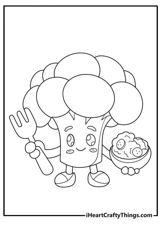 Kawaii broccoli character holding a fork fun coloring sheet
