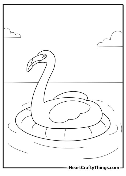 kawaii flamingo floating on an inflatable ring fun coloring sheet