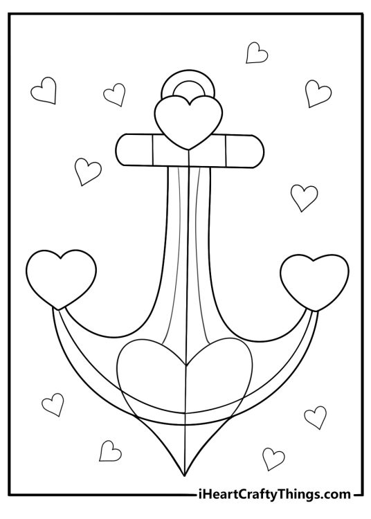 Kawaii style anchor with hearts cute coloring page