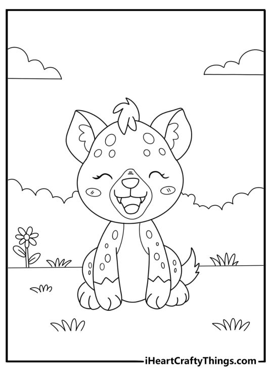 Kawaii style hyena sitting on the ground fun coloring page