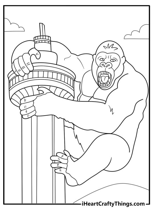 king kong climbing skyscraper with planes coloring page
