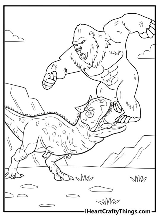 king kong fighting dinosaur jungle battle coloring sheet