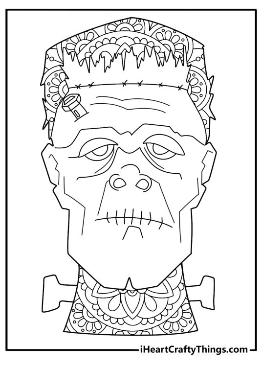 mandala style frankenstein head intricate coloring page for adults