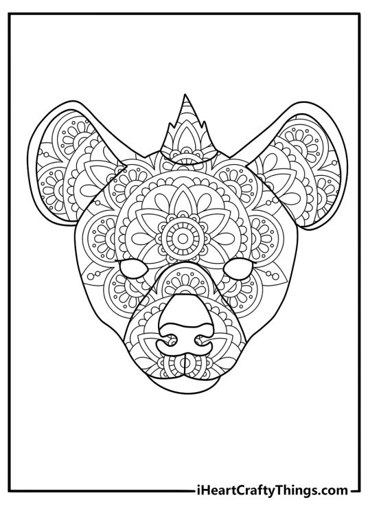 Mandala style hyena head coloring page for adults