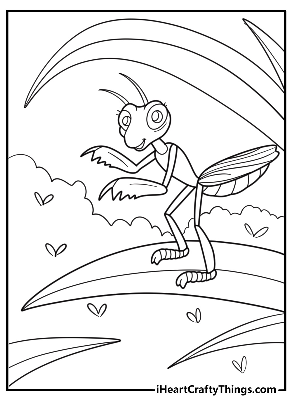 mantis camouflaged on a green leaf coloring page