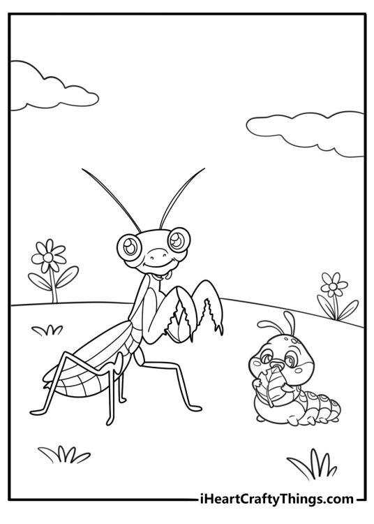 Mantis sitting beside a caterpillar cartoon coloring page