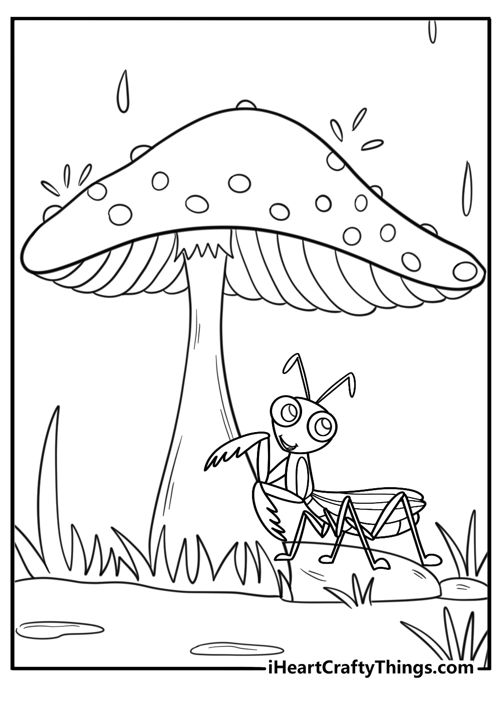 mantis under a mushroom umbrella cute nature coloring sheet
