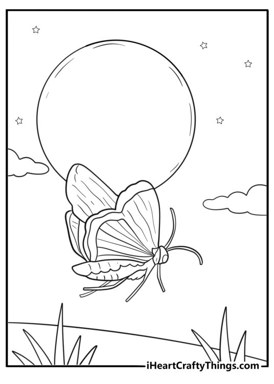 Moth flying at night sky background coloring sheet