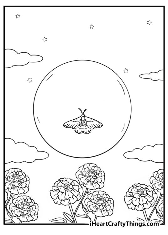 Moth in front of moon silhouette style coloring page