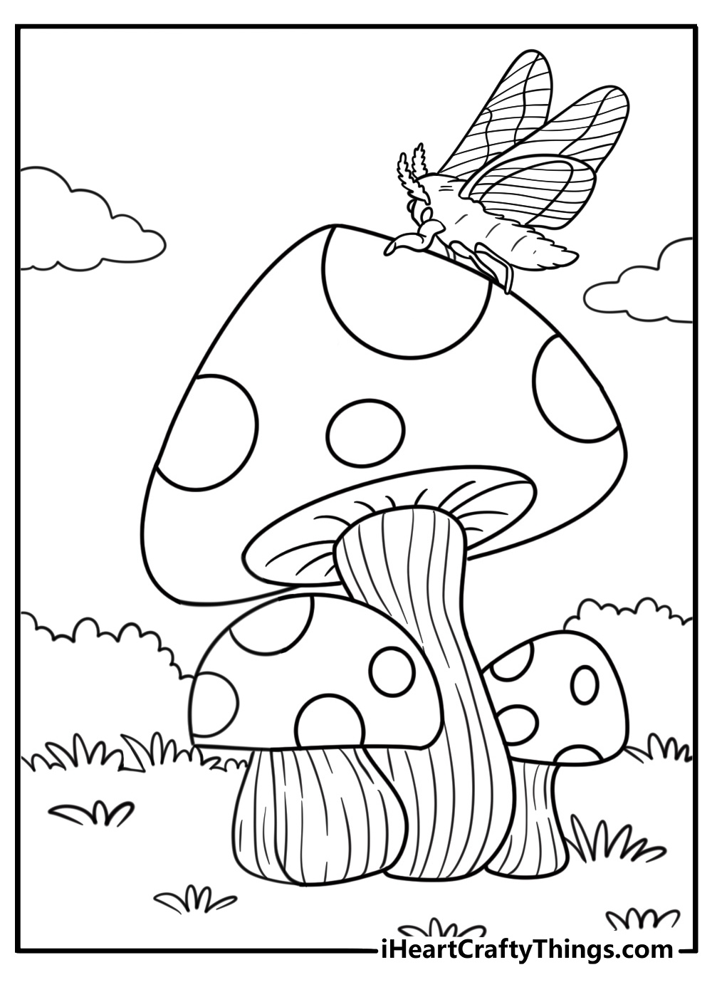 moth on a mushroom forest scene coloring sheet