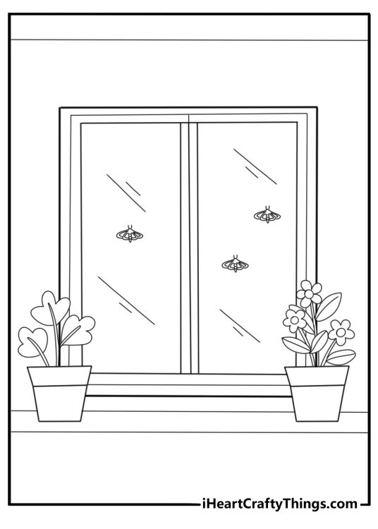 Moth sitting on a windowsill indoor scene coloring sheet