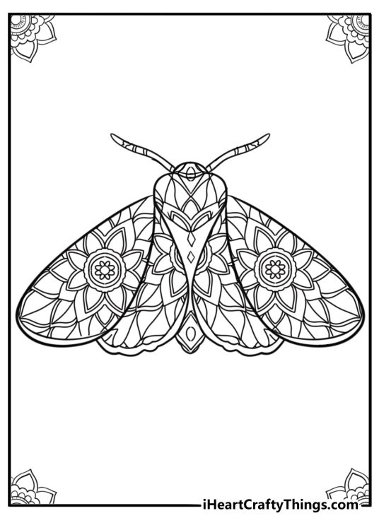 Moth with patterned wings mandala style coloring page for adults