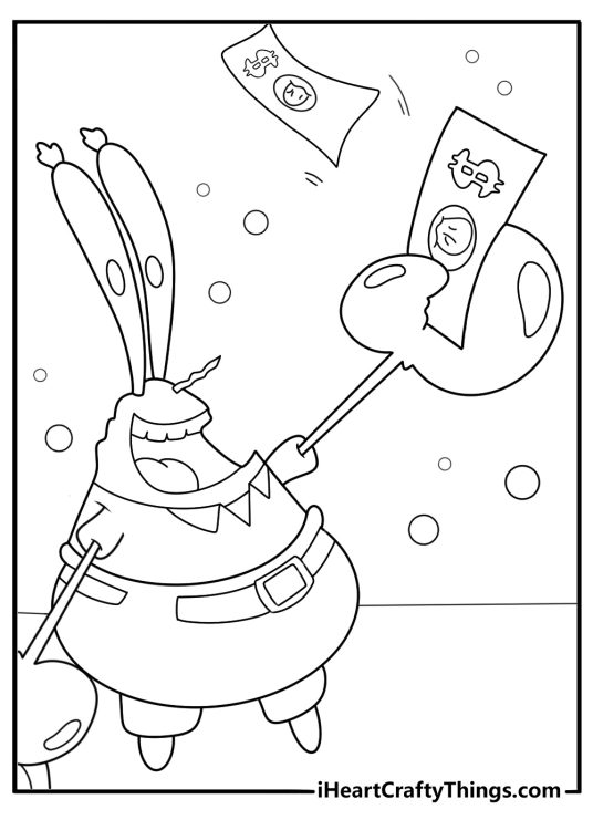 Mr krabs chasing a dollar bill cartoon style coloring page