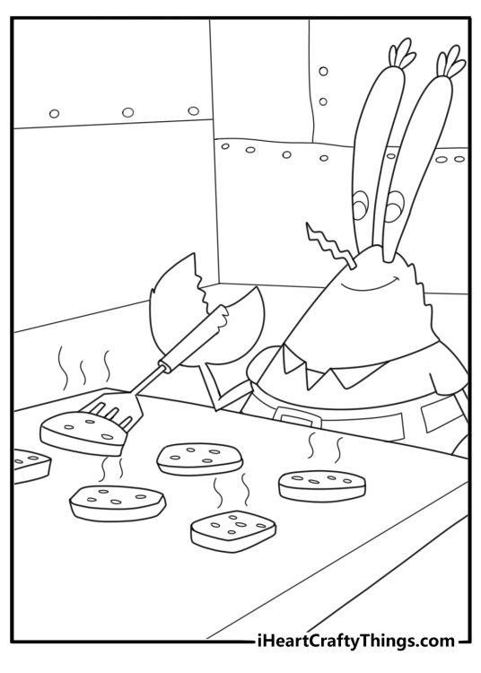 Mr krabs flipping a krabby patty cartoon coloring sheet