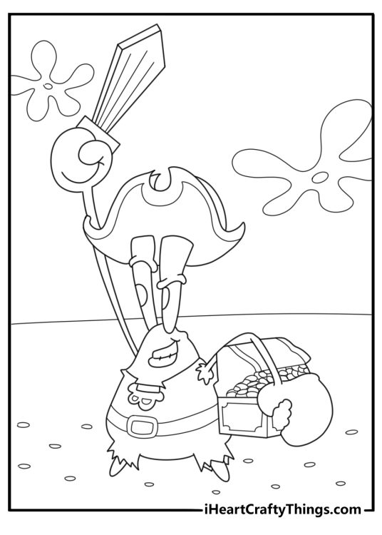 Mr krabs in pirate costume holding a chest coloring page