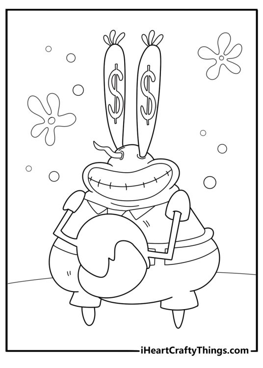 Mr krabs laughing with dollar signs in eyes coloring page for kids