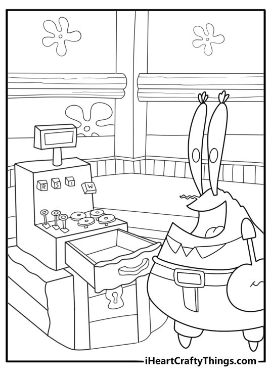 Mr krabs next to a cash register simple cartoon coloring sheet