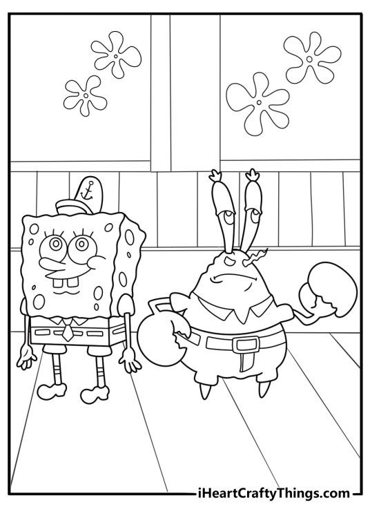 Mr krabs standing beside spongebob in uniform coloring sheet