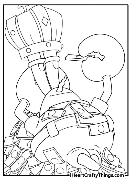 Mr krabs wearing a crown sitting on a pile of money coloring page