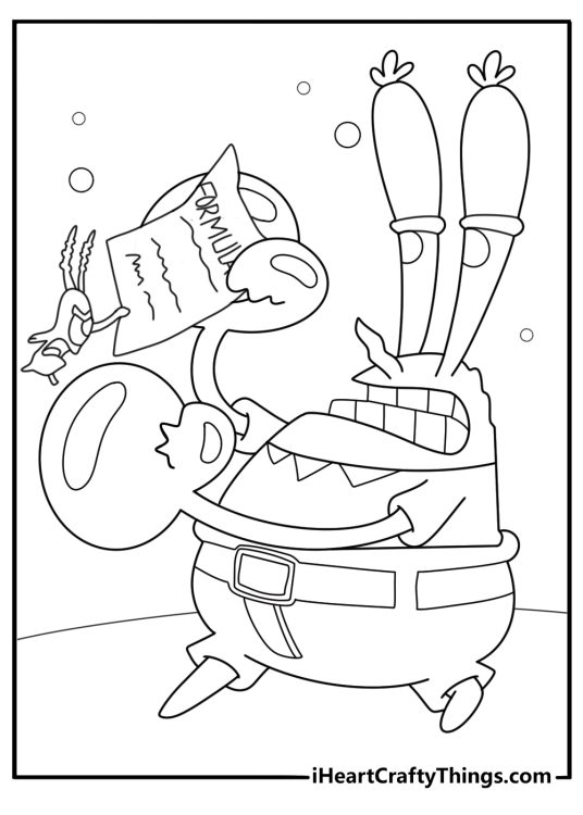 Mr krabs with plankton arguing over a recipe coloring sheet