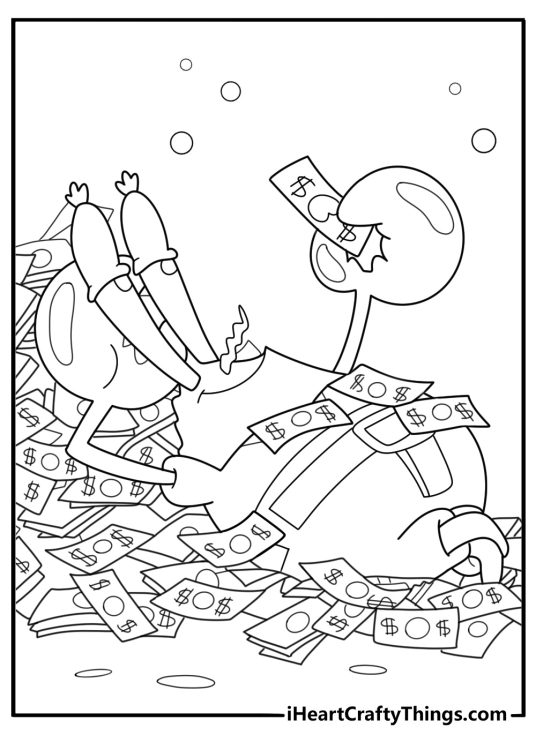 Mr krabs with stacks of cash around him for adults coloring page