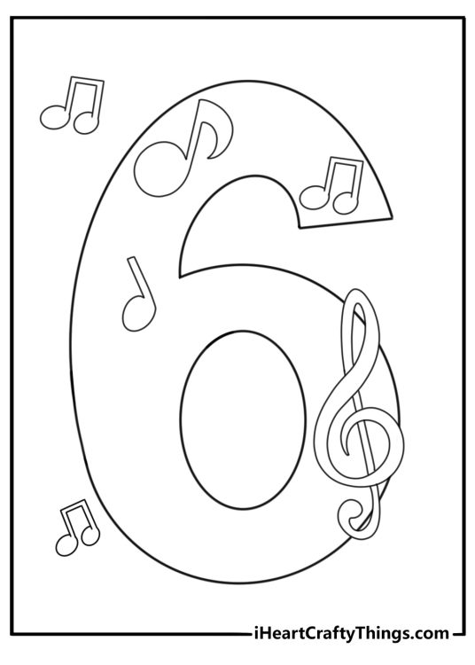 Number 6 decorated with music notes fun coloring page