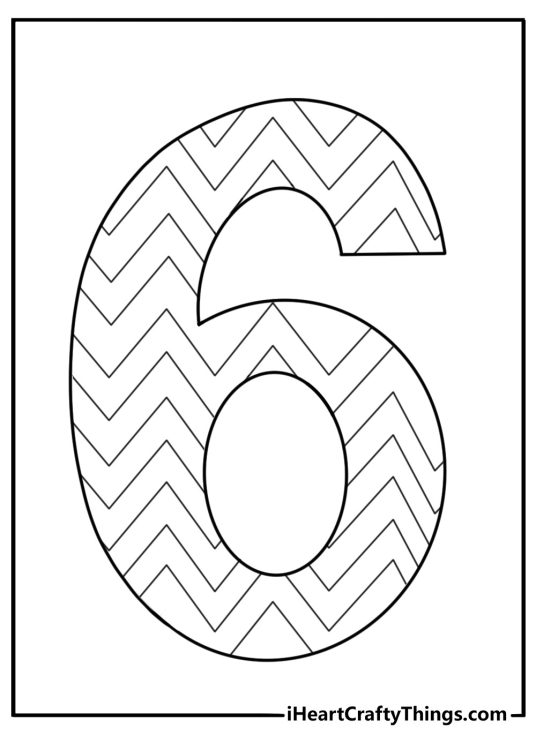Number 6 decorated with zigzag patterns easy coloring sheet