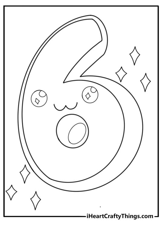 Number 6 in bubble style kawaii coloring sheet