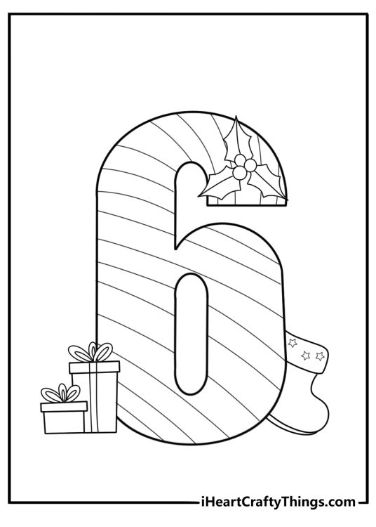 Number 6 in candy cane stripes holiday coloring page