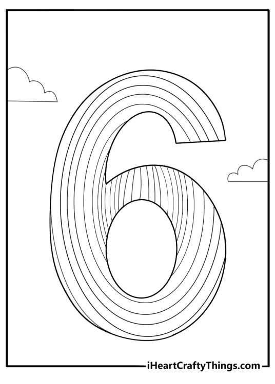 Number 6 in rainbow stripes fun coloring sheet for kids