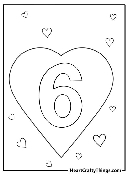 Number 6 inside a heart shape cute coloring page