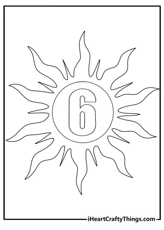Number 6 inside a sunburst design detailed coloring page