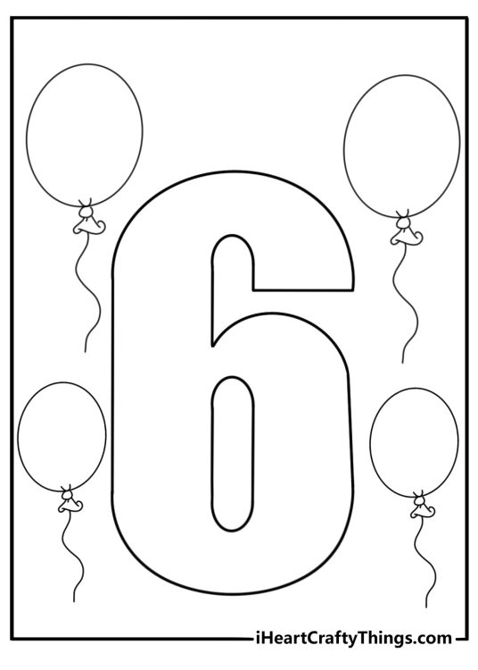 Number 6 surrounded by balloons party themed coloring page