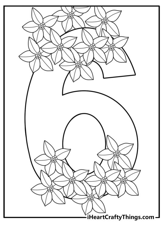 Number 6 surrounded by flowers spring themed coloring sheet