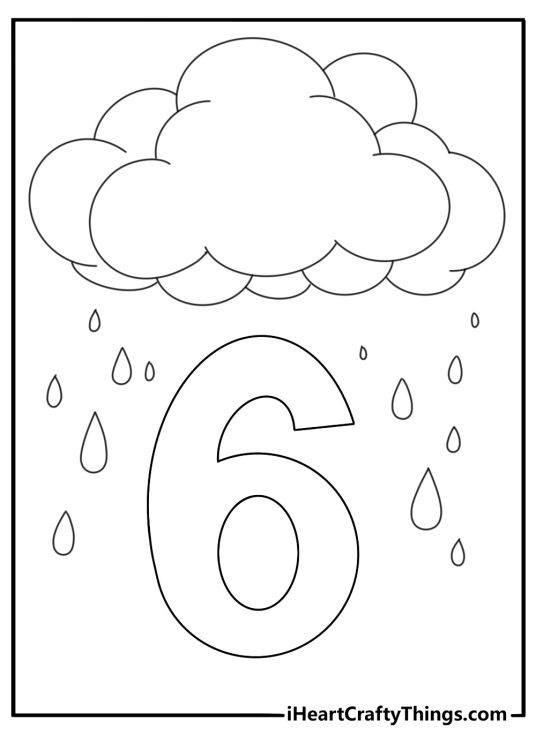 Number 6 with clouds and raindrops weather themed coloring page