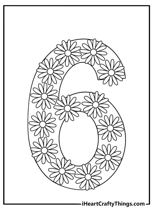 Number 6 with floral patterns detailed coloring page