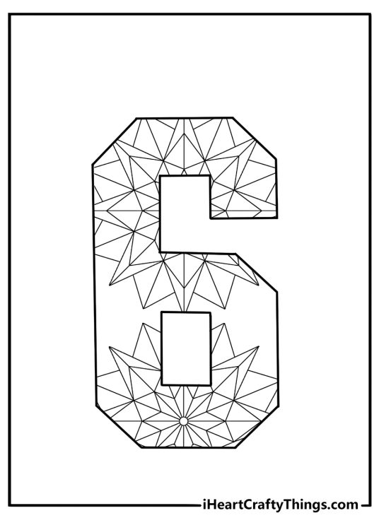 Number 6 with geometric shapes mandala coloring page for adults