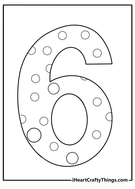 Number 6 with polka dots easy coloring page for kids